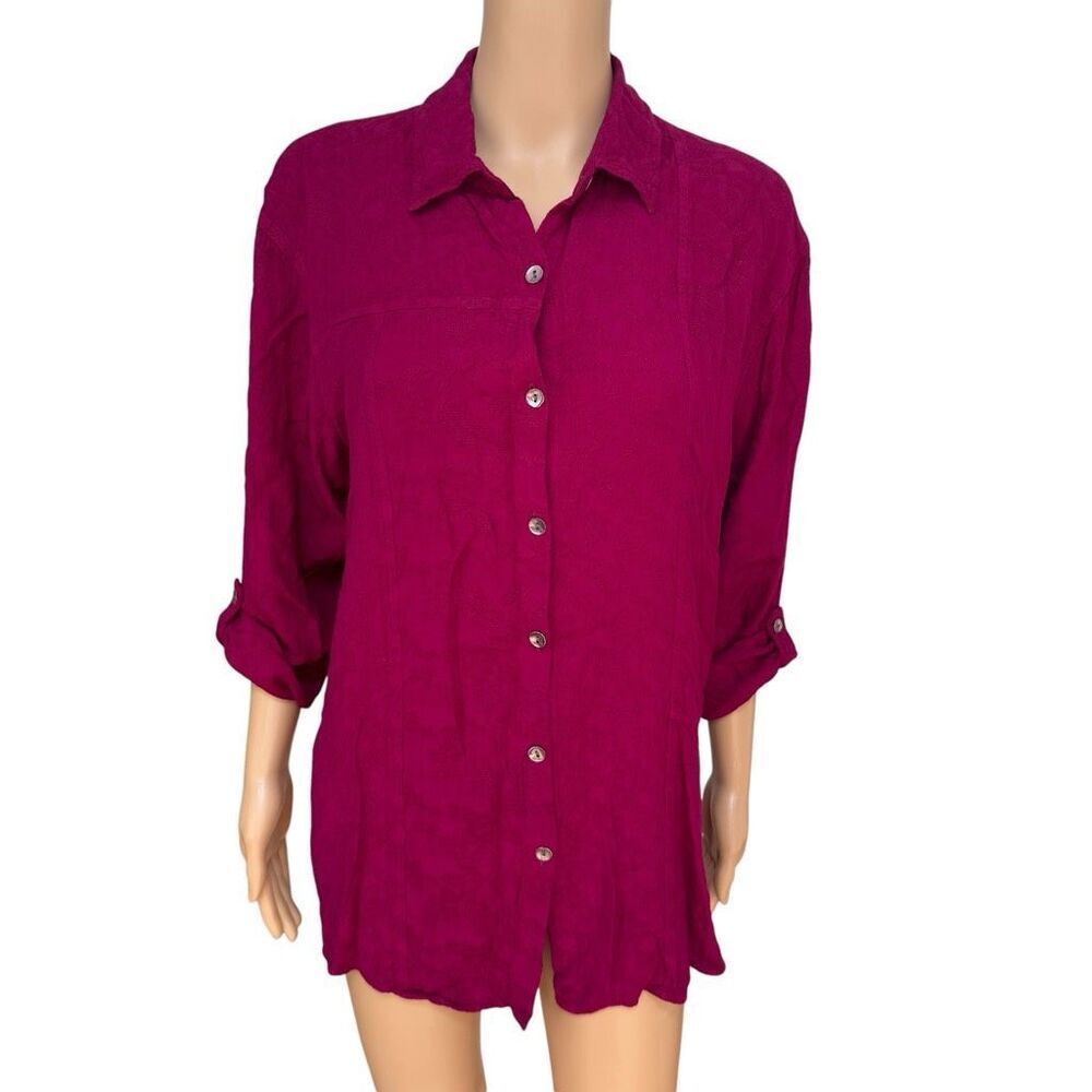 Chico’s Design Magenta Floral Jacquard Button Front Roll Tab Shirt Women’s 1 M?